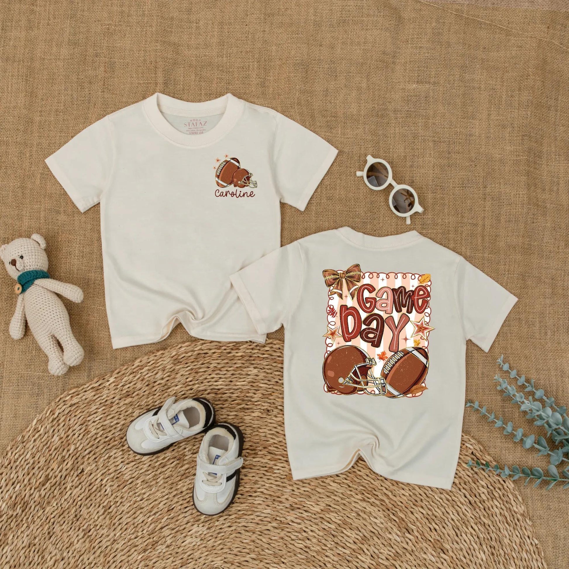 Caroline Personalized Football Game Day Baby Romper Girl Outfit Cute Autumnal Leaves Sports Toddler Shirt Baby Shower Gift