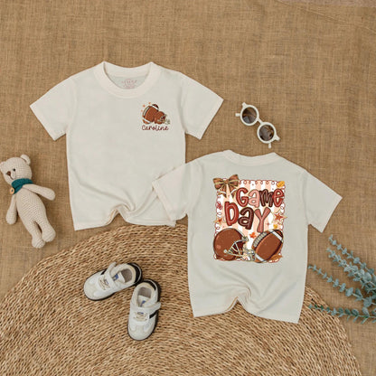Caroline Personalized Football Game Day Baby Romper Girl Outfit Cute Autumnal Leaves Sports Toddler Shirt Baby Shower Gift