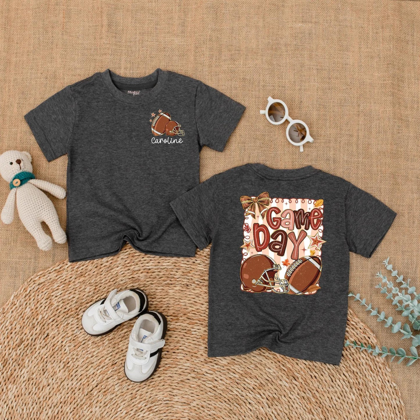Caroline Personalized Football Game Day Baby Romper Girl Outfit Cute Autumnal Leaves Sports Toddler Shirt Baby Shower Gift