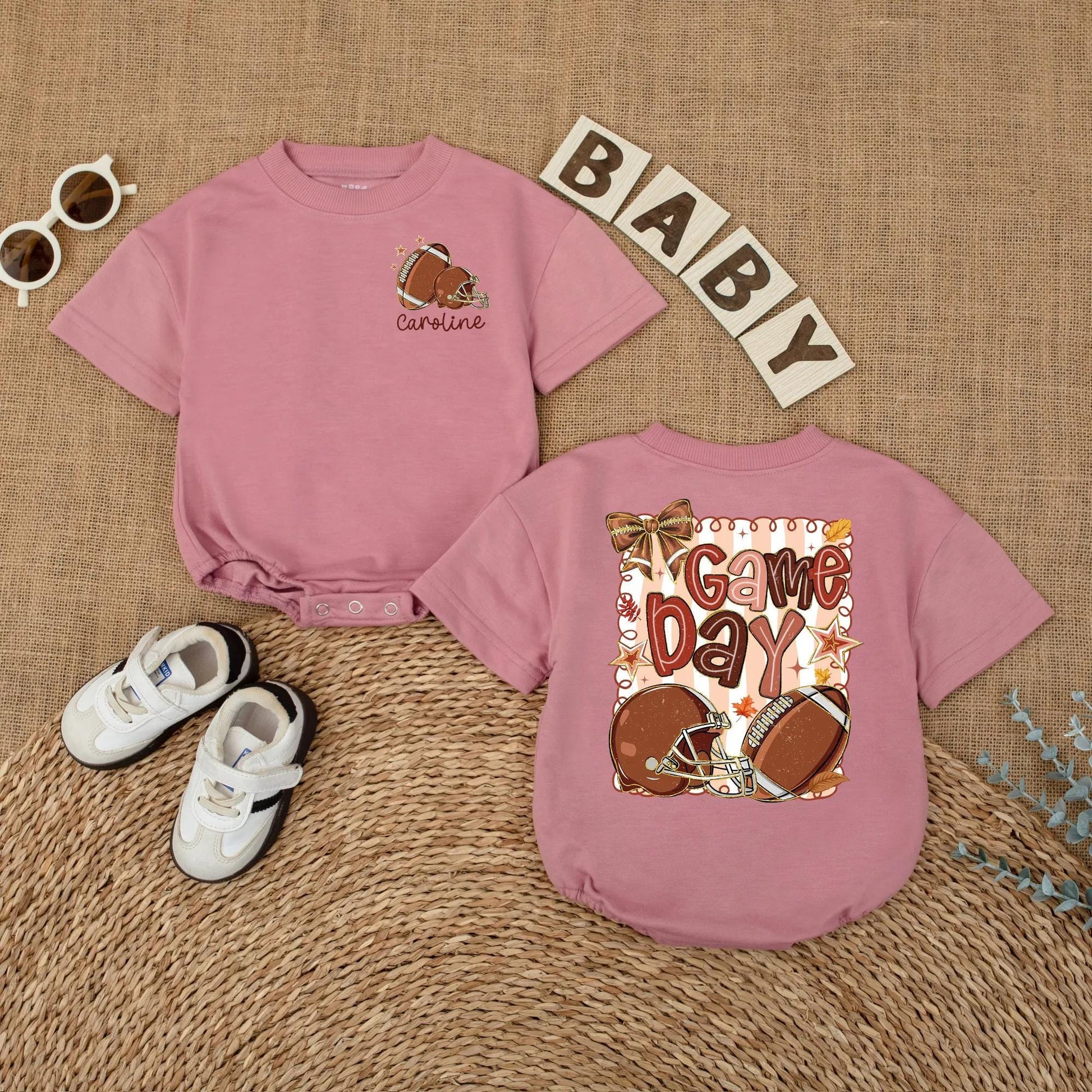 Caroline Personalized Football Game Day Baby Romper Girl Outfit Cute Autumnal Leaves Sports Toddler Shirt Baby Shower Gift