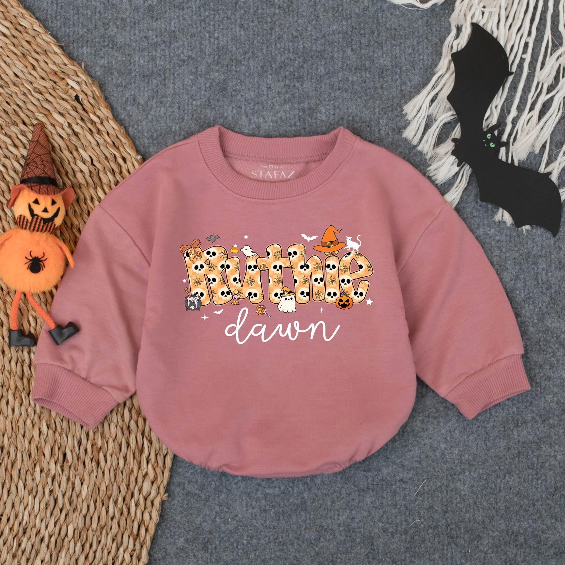 Personalized Whimsical Halloween Ruthie & dawn Baby Girl Bubble Romper Spooky Season Infant Trick or Treat Toddler Outfit with Cute Skull Bat Pumpkin Graphics