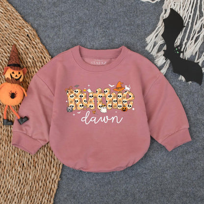 Personalized Whimsical Halloween Ruthie & dawn Baby Girl Bubble Romper Spooky Season Infant Trick or Treat Toddler Outfit with Cute Skull Bat Pumpkin Graphics