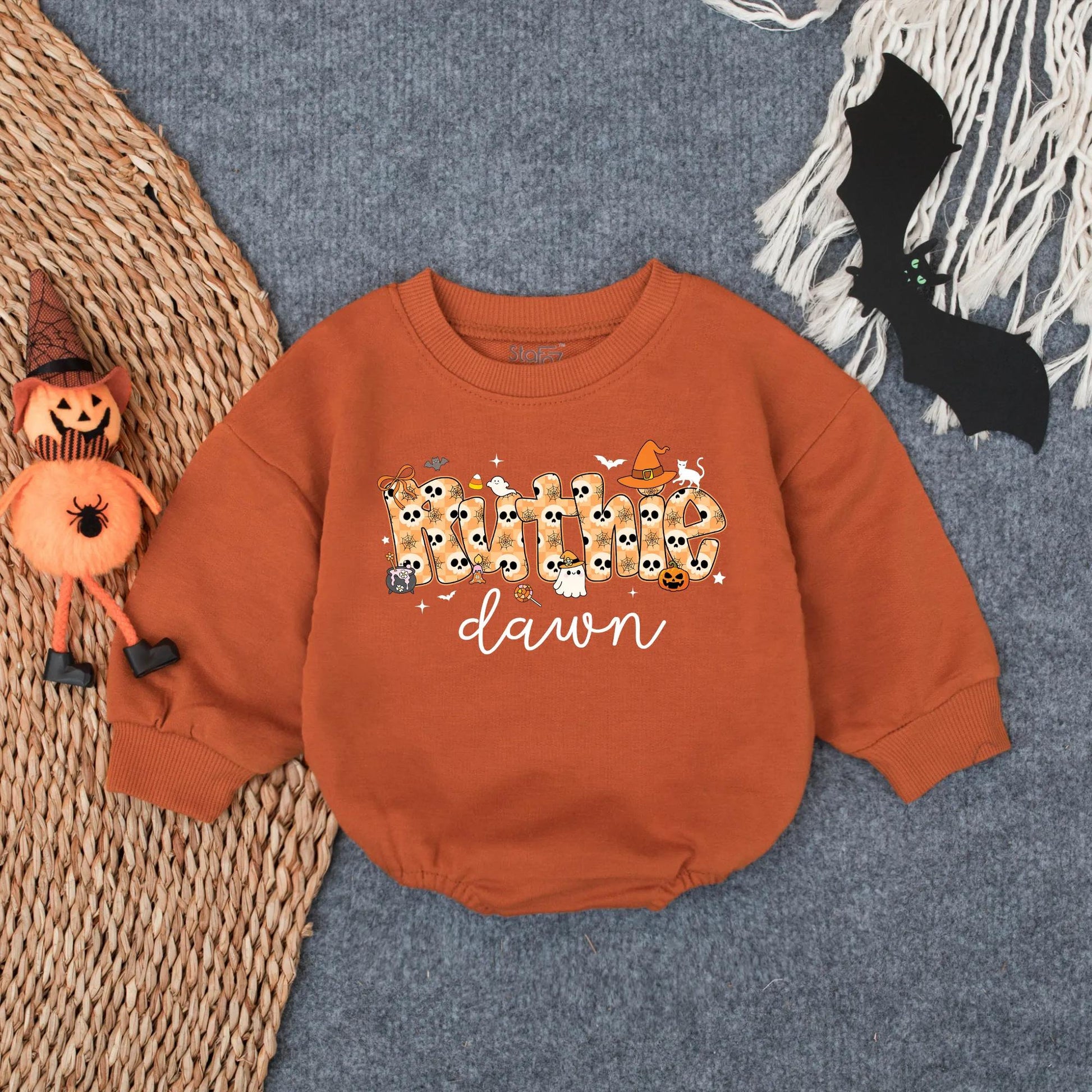 Personalized Whimsical Halloween Ruthie & dawn Baby Girl Bubble Romper Spooky Season Infant Trick or Treat Toddler Outfit with Cute Skull Bat Pumpkin Graphics