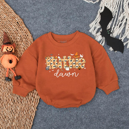 Personalized Whimsical Halloween Ruthie & dawn Baby Girl Bubble Romper Spooky Season Infant Trick or Treat Toddler Outfit with Cute Skull Bat Pumpkin Graphics