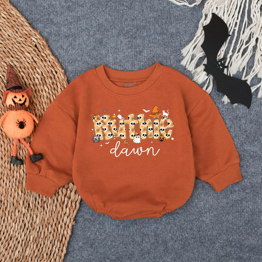 Personalized Whimsical Halloween Ruthie & dawn Baby Girl Bubble Romper Spooky Season Infant Trick or Treat Toddler Outfit with Cute Skull Bat Pumpkin Graphics