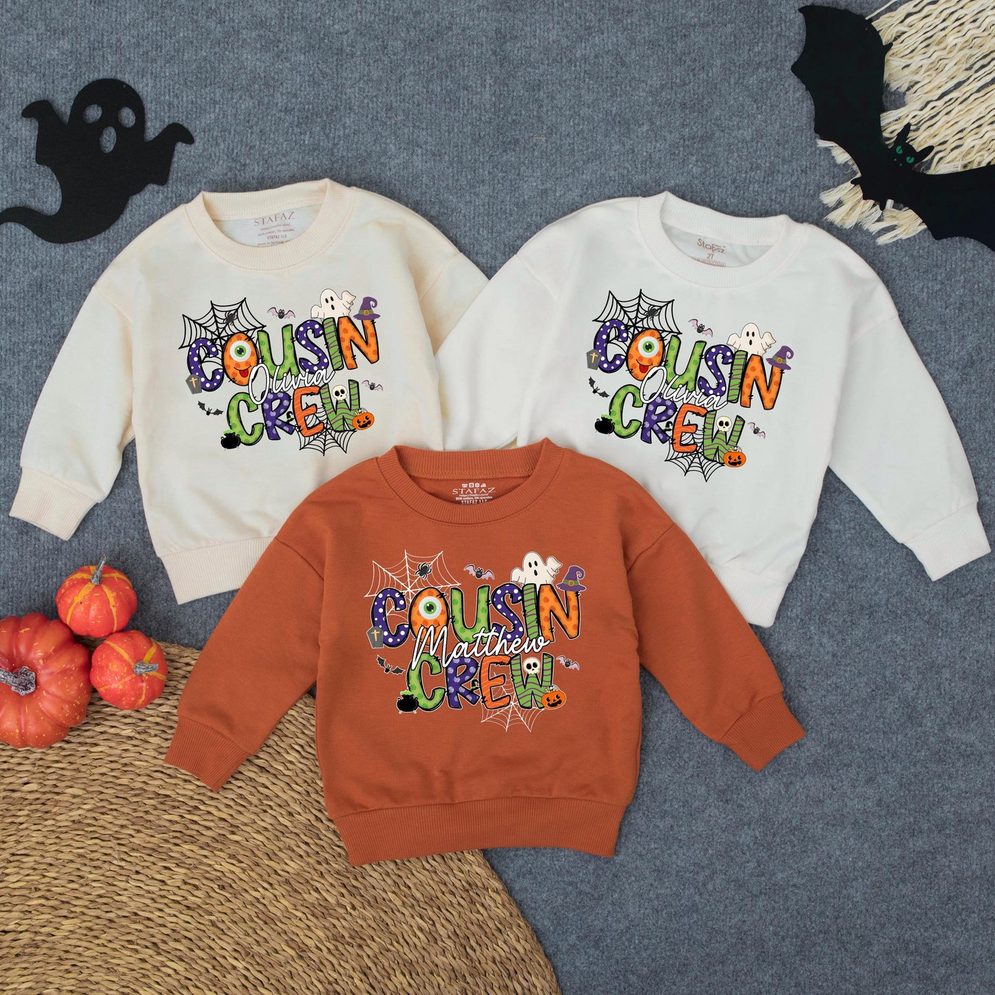 Custom Cousin Crew Halloween Sweatshirt with Personalized Name Spooky Cartoon Bat Ghost Pumpkin Designs for Toddler Baby Kids Family Trip Outfits