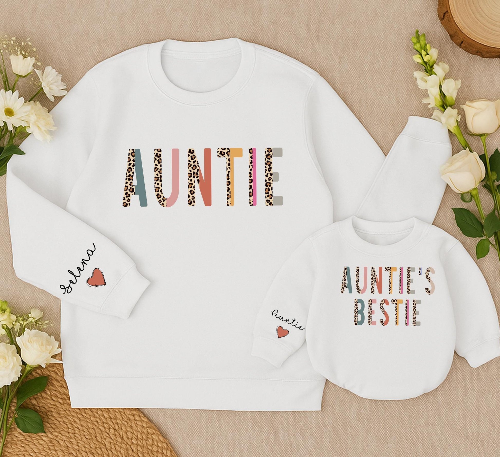Auntie & Me Matching Sweatshirts, Auntie's Bestie Outfit with Colorful Letters, Leopard Print, Personalized Aunt Gift, Family Matching, Custom Name Sleeve