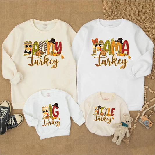 Matching Family Thanksgiving Sweatshirts, Funny Turkey Day Outfits! Cute Cartoon Turkey, Pumpkins & Leaves Design, Personalized Fall Dinner Apparel