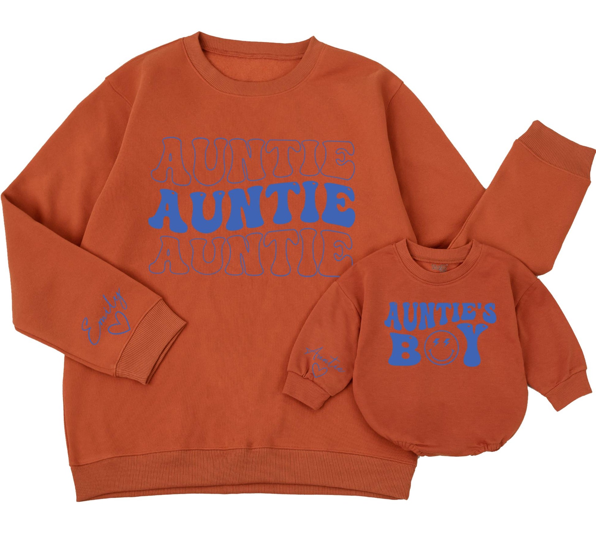 Personalized Auntie & Me Sweatshirt Set, Retro Groovy Matching Family Shirts, Custom Name Sleeve Detail, Cute Auntie's Boy Lightning Bolt Christmas Gift