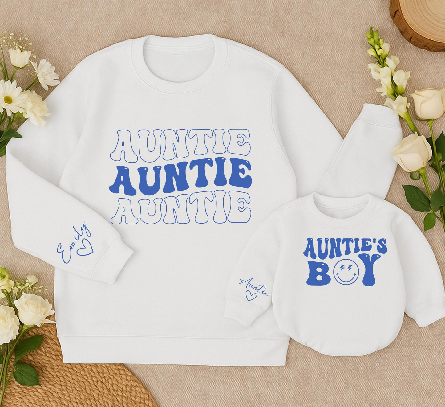 Personalized Auntie & Me Sweatshirt Set, Retro Groovy Matching Family Shirts, Custom Name Sleeve Detail, Cute Auntie's Boy Lightning Bolt Christmas Gift
