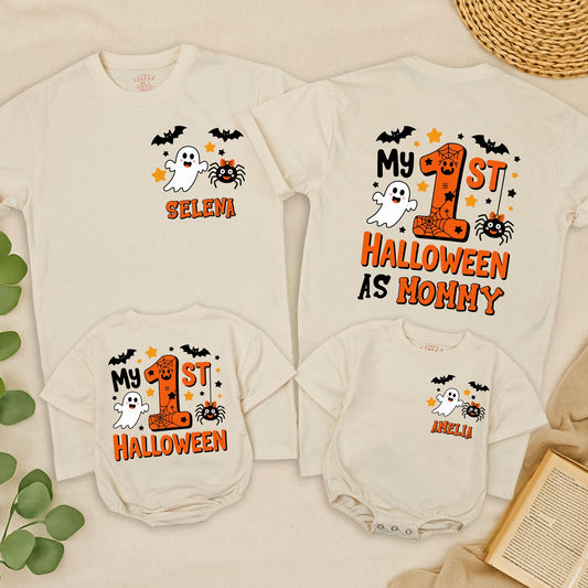My 1st Halloween Matching Family Romper & Shirts: Cute Ghost, Bats & Spider Bows Outfit, Personalized Baby Gift Tee, Spooky Season Set for Mommy, Daddy & Me