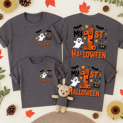 My 1st Halloween Matching Family Romper & Shirts: Cute Ghost, Bats & Spider Bows Outfit, Personalized Baby Gift Tee, Spooky Season Set for Mommy, Daddy & Me