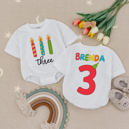 Brenda's 3rd Birthday Romper: Rainbow Name & Candles! Personalized Three Year Old Tee, Girl Boy Turning Three Gift, Custom Party Outfit, Cake Smash 