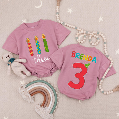 Brenda's 3rd Birthday Romper: Rainbow Name & Candles! Personalized Three Year Old Tee, Girl Boy Turning Three Gift, Custom Party Outfit, Cake Smash 