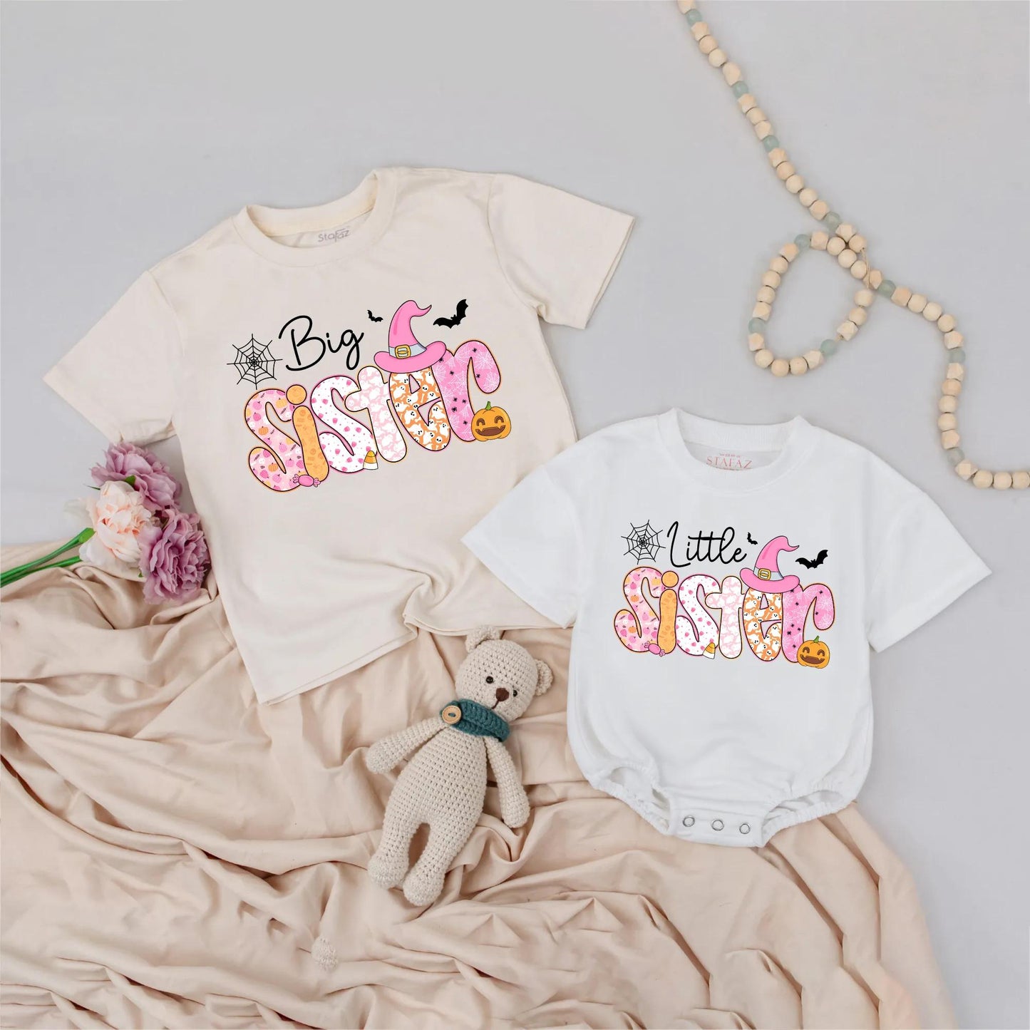 Matching Halloween Sister Shirts: Pastel Candy Corn, Ghost, and Pumpkin Design! Big or Little Sister Outfit, Cute Fall Baby Girl Clothes, Halloween Costume (139)