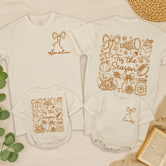Tis the Season Football Romper & Tee Set for Baby & Toddler Fall Game Day Fun Bow & Pumpkin Design in Tan/Brown Whimsical Autumn Outfit 138