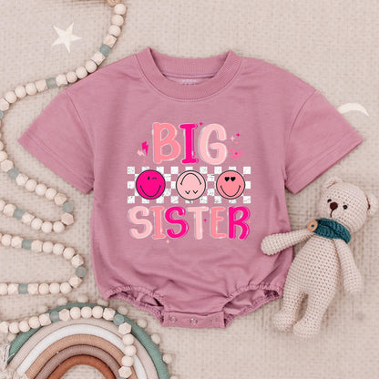 Big Sister Little Brother Matching Sibling Retro Smiley Face Romper & Tee Pink Blue Green Bubble Font Star Lightning Bolt Kids Baby Girl Boy Outfit