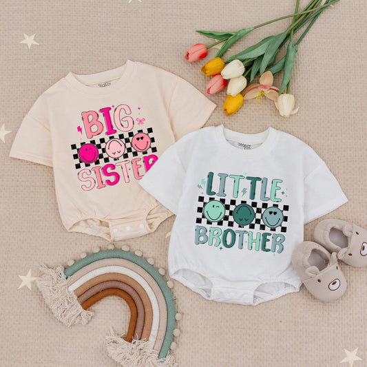 Big Sister Little Brother Matching Sibling Retro Smiley Face Romper & Tee Pink Blue Green Bubble Font Star Lightning Bolt Kids Baby Girl Boy Outfit