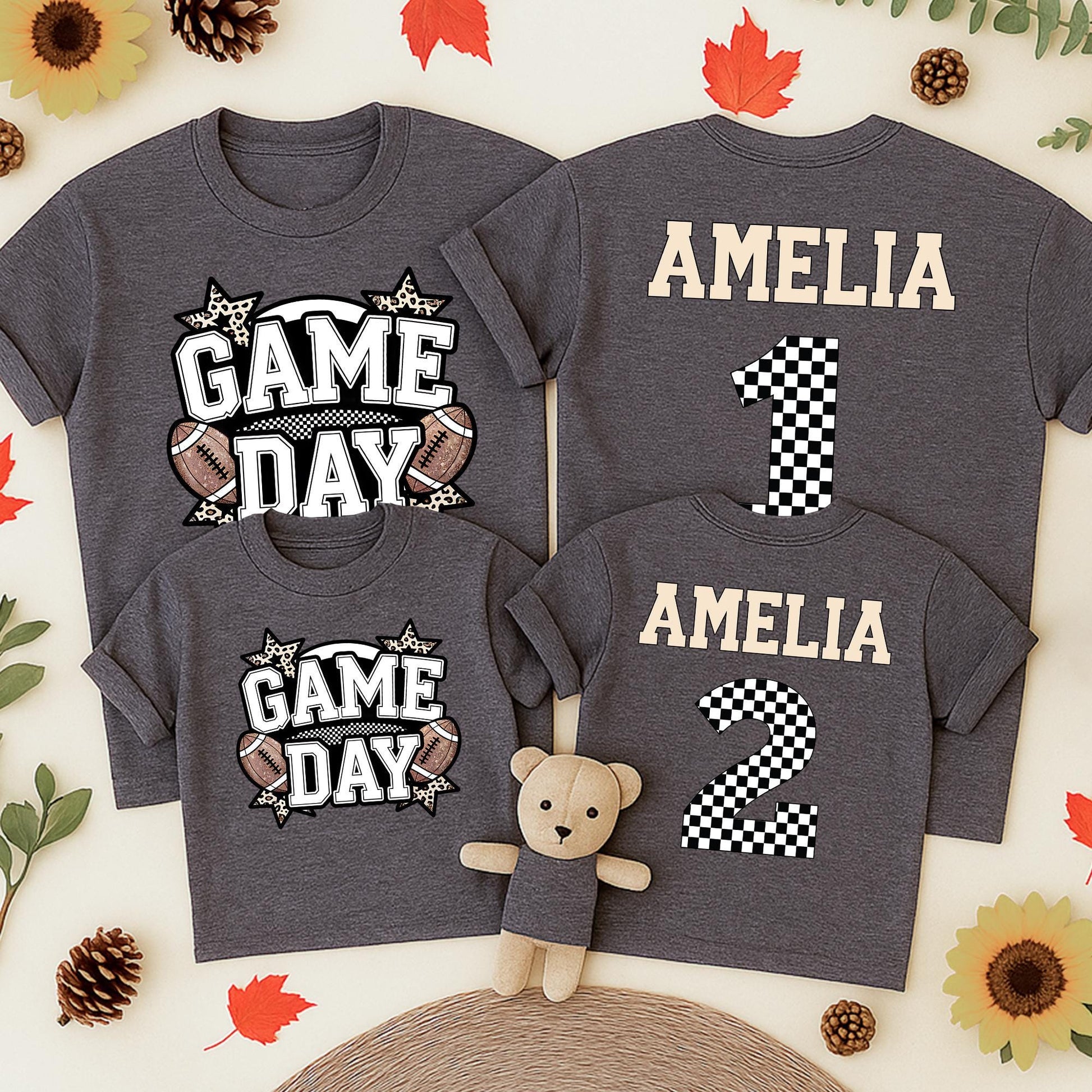 Game Day Football Shirt for Baby Girl Amelia Custom Checkered Number Toddler Tee Football Season Gift