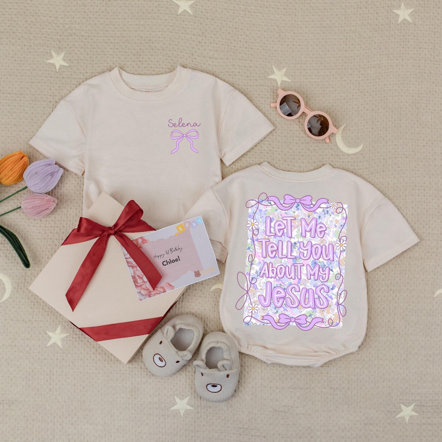 Selena Purple Bow Baby Romper, "Let Me Tell You About My Jesus" Bodysuit, Wildflower Christian Infant Outfit, Faith Inspired Girl Clothes, Gift 138chars