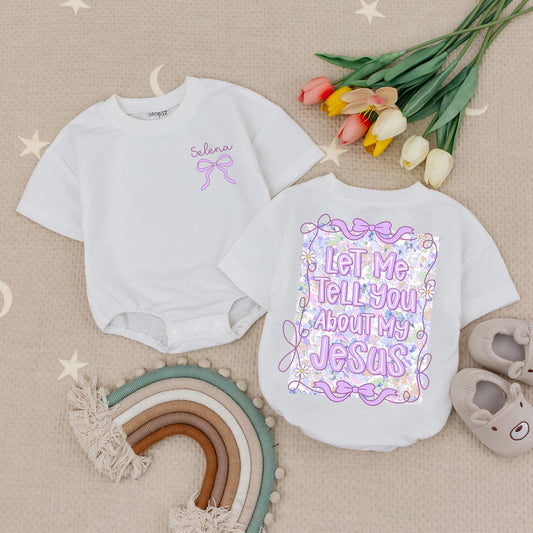 Selena Purple Bow Baby Romper, "Let Me Tell You About My Jesus" Bodysuit, Wildflower Christian Infant Outfit, Faith Inspired Girl Clothes, Gift 138chars