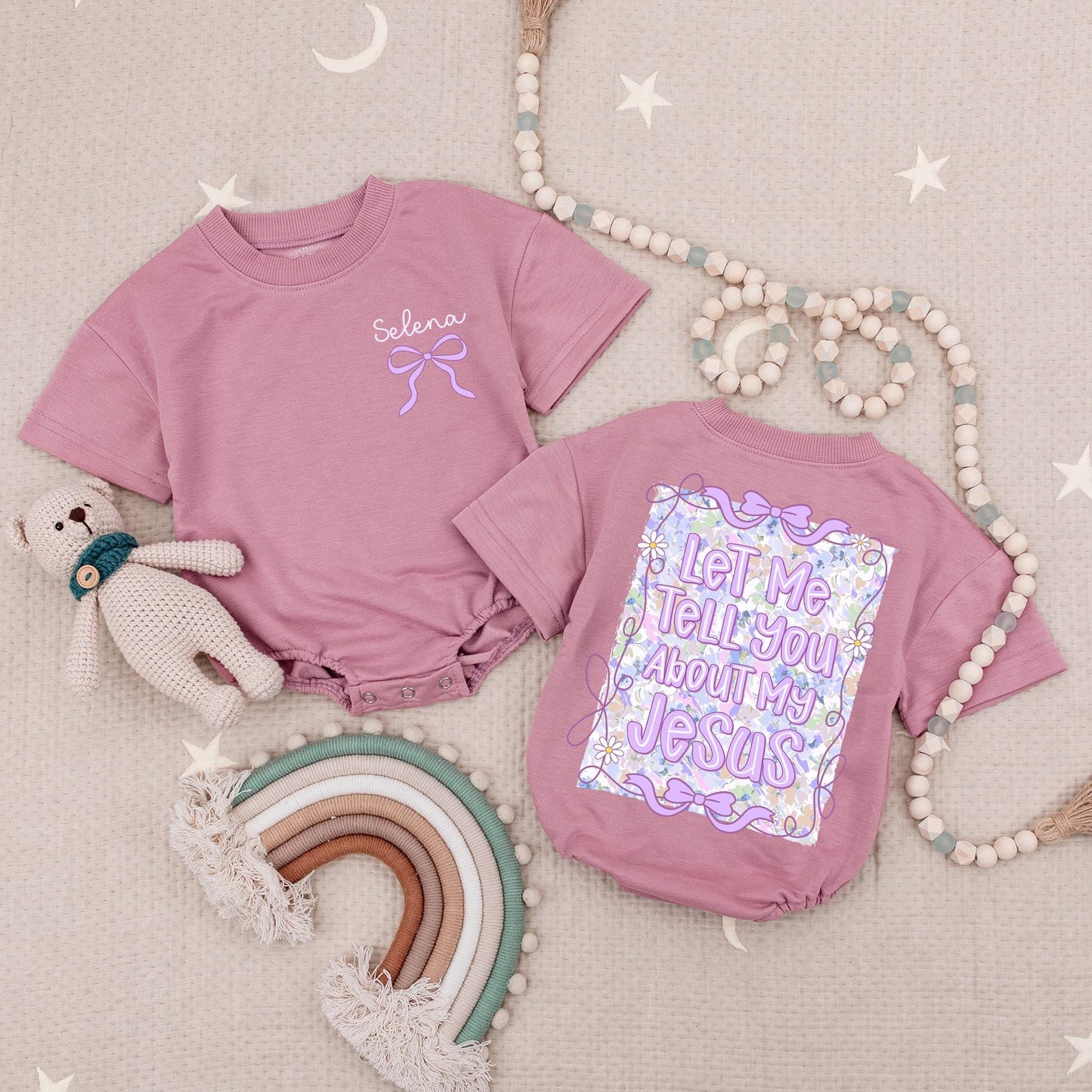 Selena Purple Bow Baby Romper, "Let Me Tell You About My Jesus" Bodysuit, Wildflower Christian Infant Outfit, Faith Inspired Girl Clothes, Gift 138chars