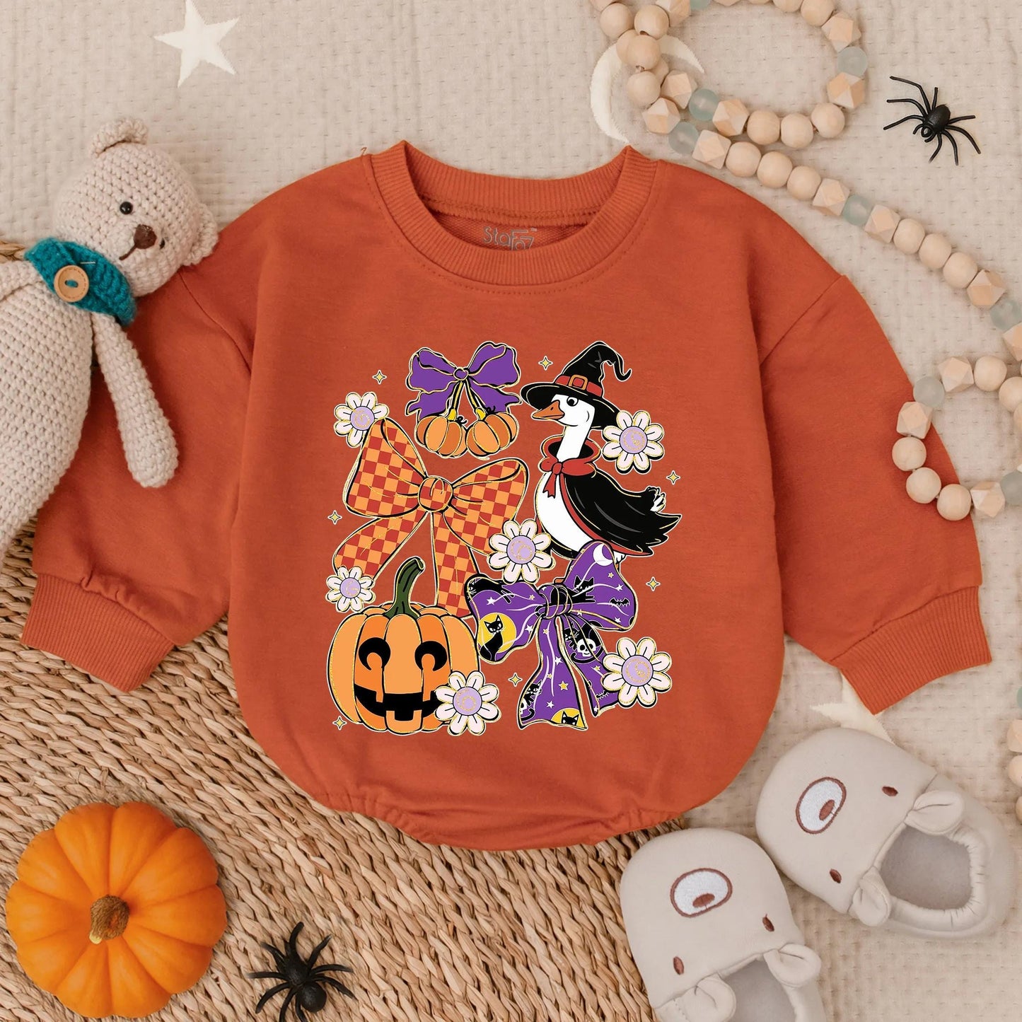 Cute Baby Girl Spooky Goose Halloween Bubble Romper Sparkle Pumpkin & Witch Hat Print Fall Outfit My First Infant Costume