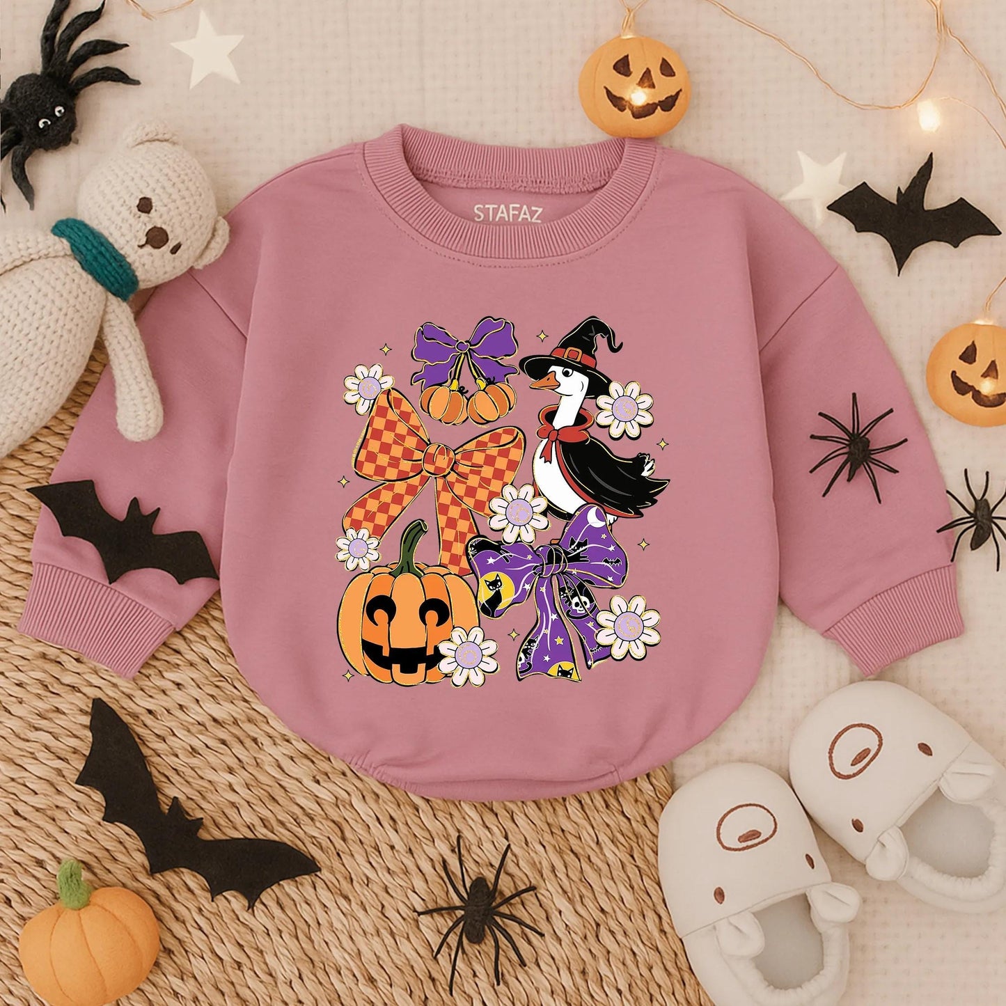 Cute Baby Girl Spooky Goose Halloween Bubble Romper Sparkle Pumpkin & Witch Hat Print Fall Outfit My First Infant Costume