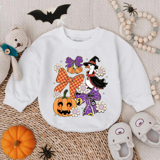 Cute Baby Girl Spooky Goose Halloween Bubble Romper Sparkle Pumpkin & Witch Hat Print Fall Outfit My First Infant Costume