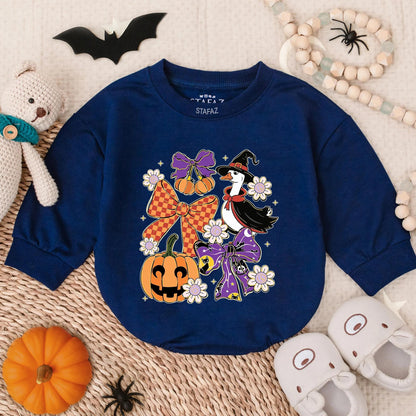 Cute Baby Girl Spooky Goose Halloween Bubble Romper Sparkle Pumpkin & Witch Hat Print Fall Outfit My First Infant Costume