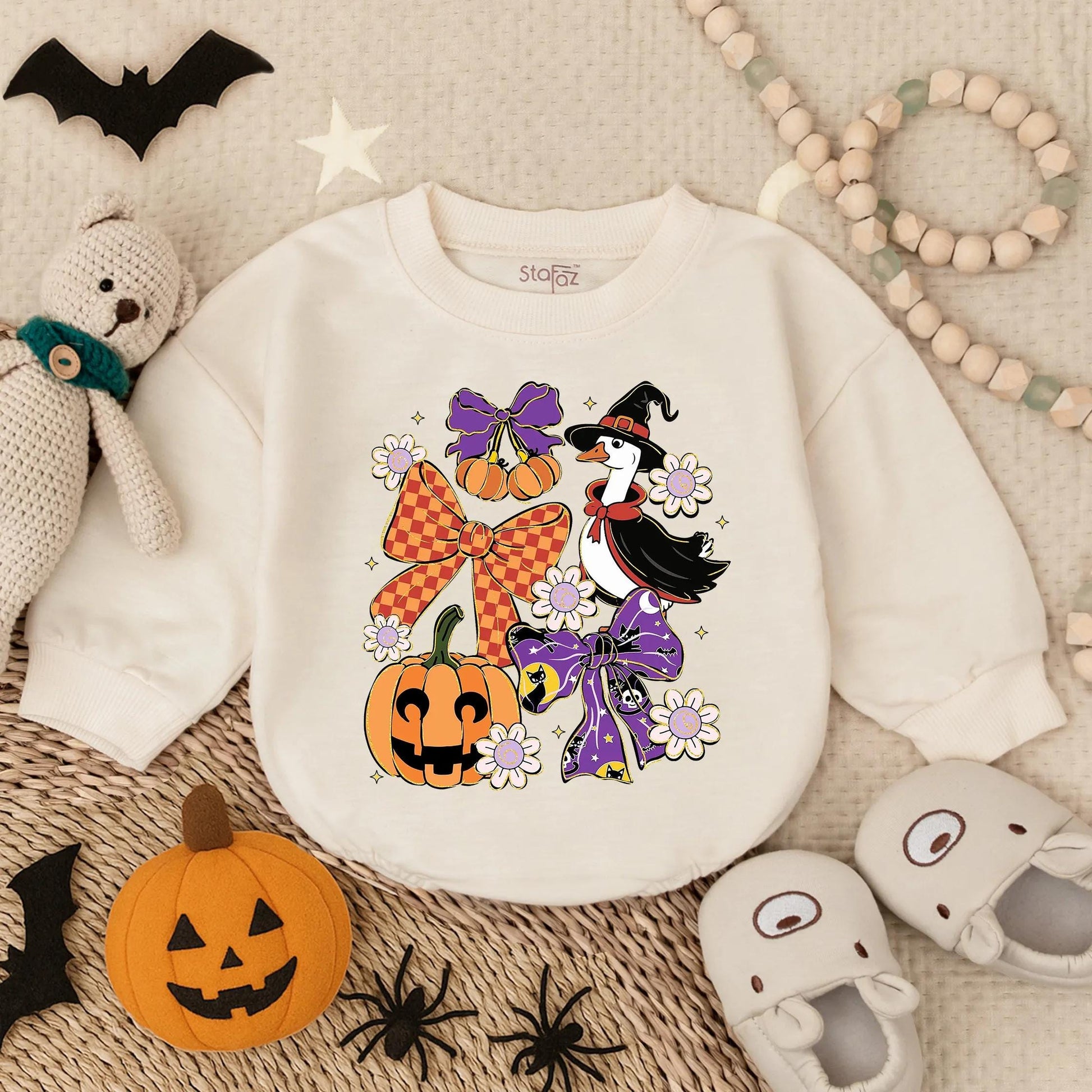 Cute Baby Girl Spooky Goose Halloween Bubble Romper Sparkle Pumpkin & Witch Hat Print Fall Outfit My First Infant Costume