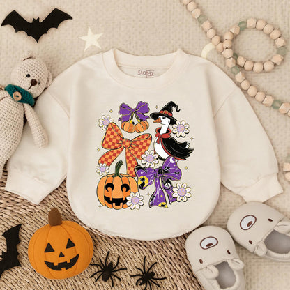 Cute Baby Girl Spooky Goose Halloween Bubble Romper Sparkle Pumpkin & Witch Hat Print Fall Outfit My First Infant Costume