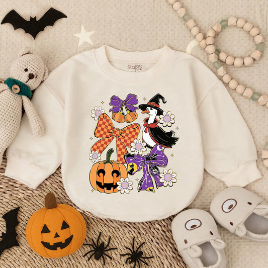 Cute Baby Girl Spooky Goose Halloween Bubble Romper Sparkle Pumpkin & Witch Hat Print Fall Outfit My First Infant Costume
