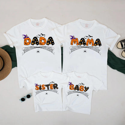 Spooky Spider Web Family Halloween Shirts Custom Pumpkin Jack-o-Lantern DADA MAMA SISTER BABY Outfit Festive Fall Party Bash