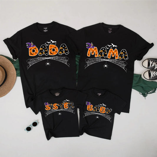Spooky Spider Web Family Halloween Shirts Custom Pumpkin Jack-o-Lantern DADA MAMA SISTER BABY Outfit Festive Fall Party Bash