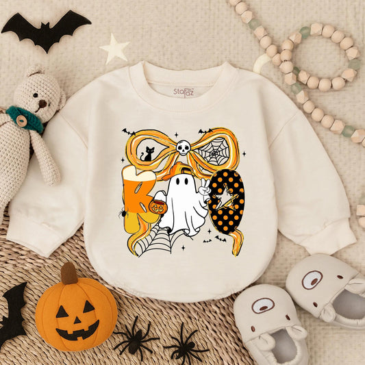 Spooky Boo Halloween Bubble Romper for Baby Boy or Girl with Ghost Candy Corn & Bat Ribbon Toddler Outfit