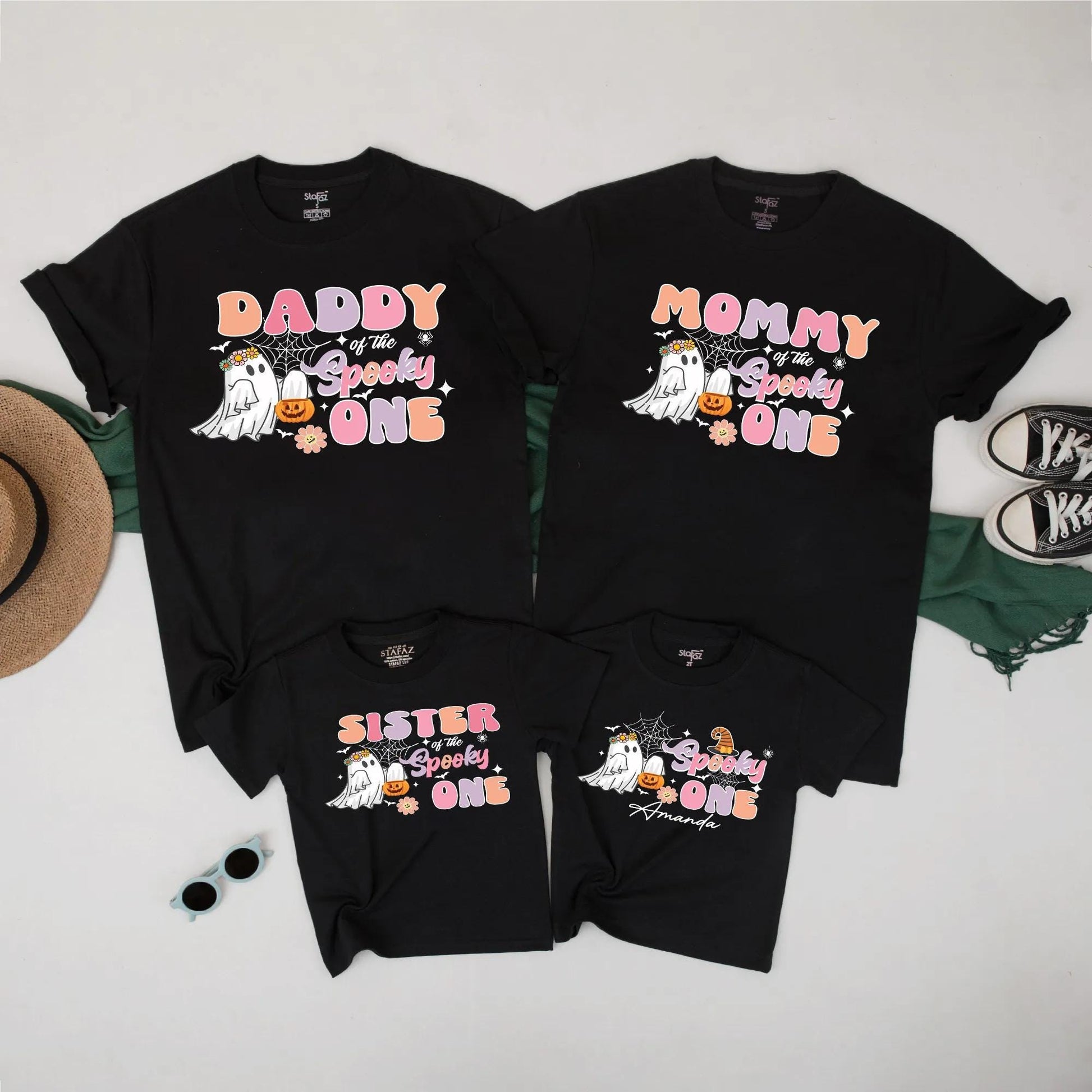 Matching Spooky One Family Halloween Shirts Personalized with Names Retro Ghost Tee for Mom Dad Sister - Cute Fall Outfit Spiderwebs & Flowers
