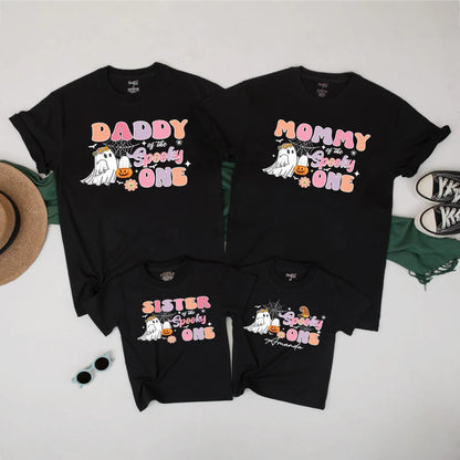 Matching Spooky One Family Halloween Shirts Personalized with Names Retro Ghost Tee for Mom Dad Sister - Cute Fall Outfit Spiderwebs & Flowers