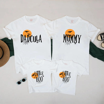 Matching Halloween Family Shirts - Dadcula, Mummy & Little Boo Tees with Spooky Bats & Moon - Cute & Fun Family Halloween Outfits