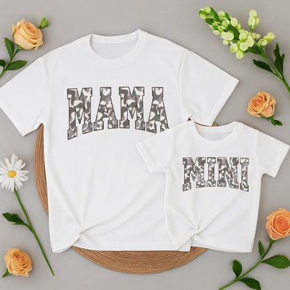 Matching Family Camo Shirts: Mama, Dada & Mini T-Shirts – Gray, White & Black Camouflage, Playful Family Unity Design, Christmas Gift, New Mom & Dad Gift