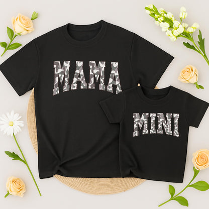Matching Family Camo Shirts: Mama, Dada & Mini T-Shirts – Gray, White & Black Camouflage, Playful Family Unity Design, Christmas Gift, New Mom & Dad Gift