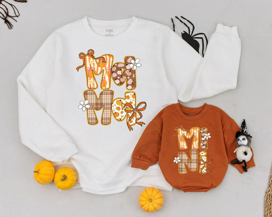 Mommy and Me Halloween Sweatshirt Set, Retro Mama Mini Outfit with Gold Glitter Pumpkins & Flowers, Cute Matching Family Sweaters, Spooky Season Style (138)