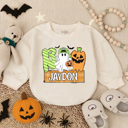 Boo Halloween Baby Boy Romper Sweatshirt, Cute Ghost & Pumpkin Outfit, Custom Jaydon Name Plaid Banner, Fall Baby Costume, Boo Clothes