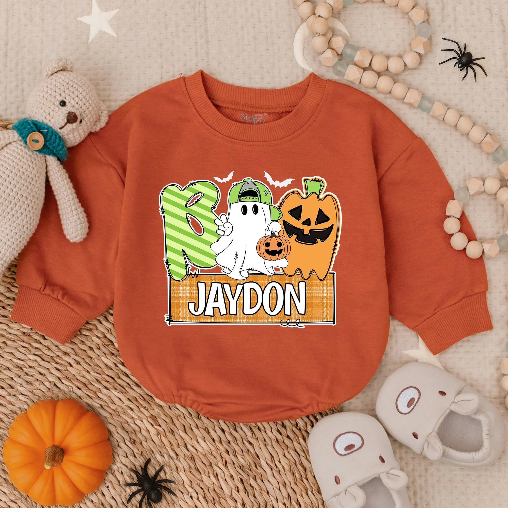 Boo Halloween Baby Boy Romper Sweatshirt, Cute Ghost & Pumpkin Outfit, Custom Jaydon Name Plaid Banner, Fall Baby Costume, Boo Clothes
