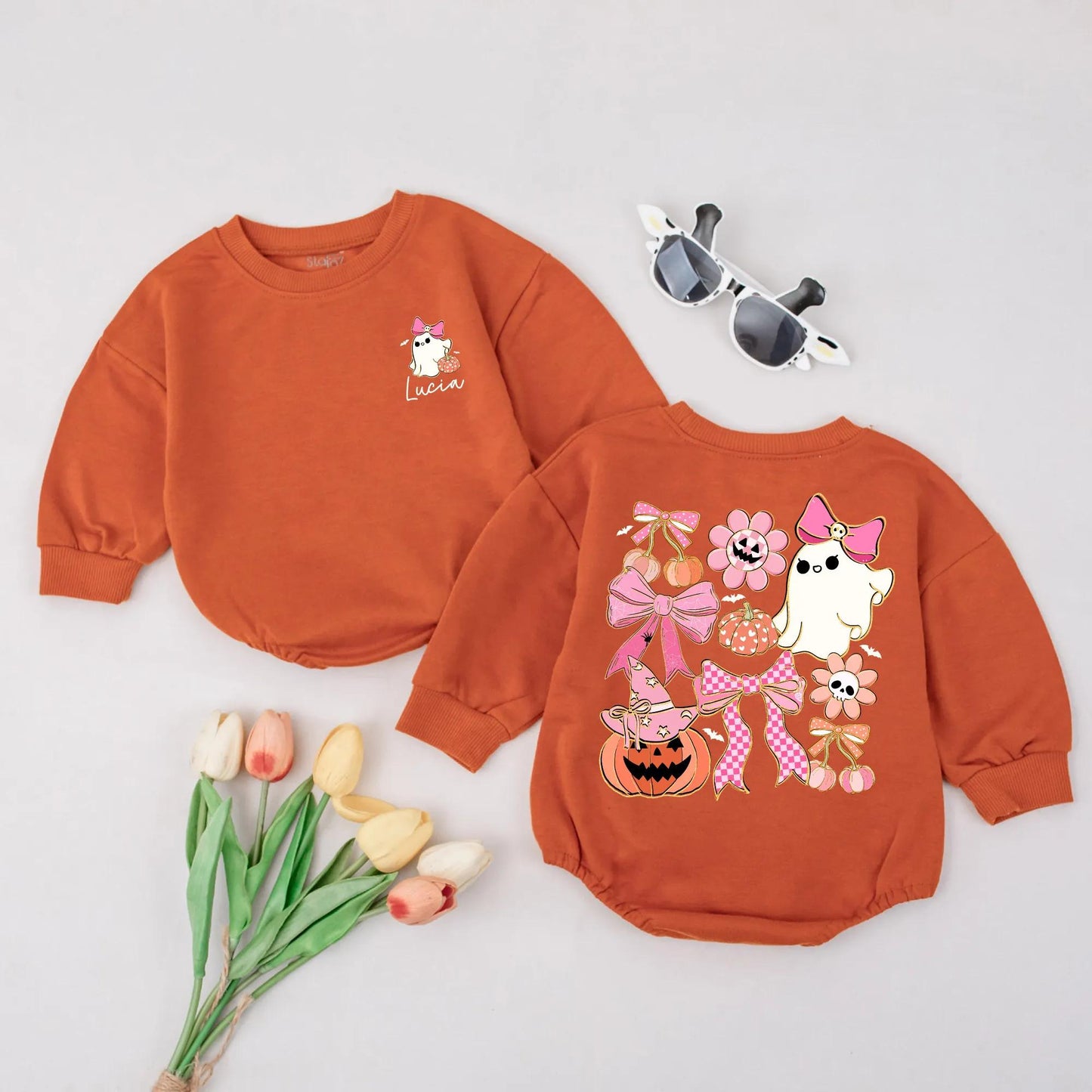 Personalized Lucia's First Halloween Romper, Pastel Ghost & Pumpkin Baby Outfit, Spooky Cute Fall Clothes, Custom Autumn Gift, Girl Costume 134 chars