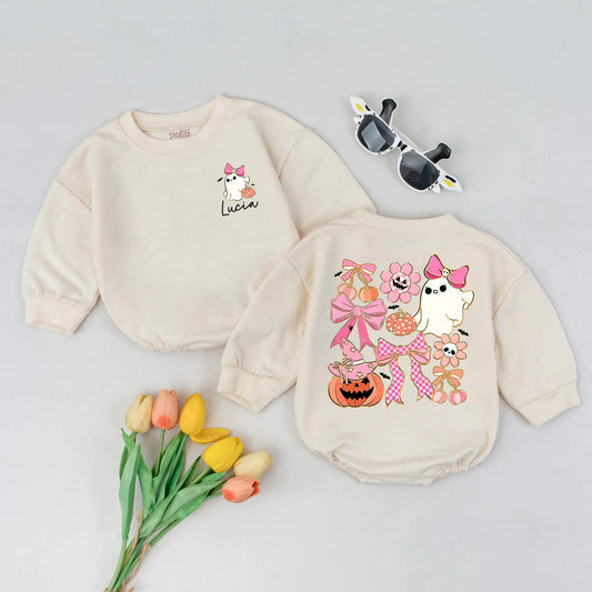 Personalized Lucia's First Halloween Romper, Pastel Ghost & Pumpkin Baby Outfit, Spooky Cute Fall Clothes, Custom Autumn Gift, Girl Costume 134 chars