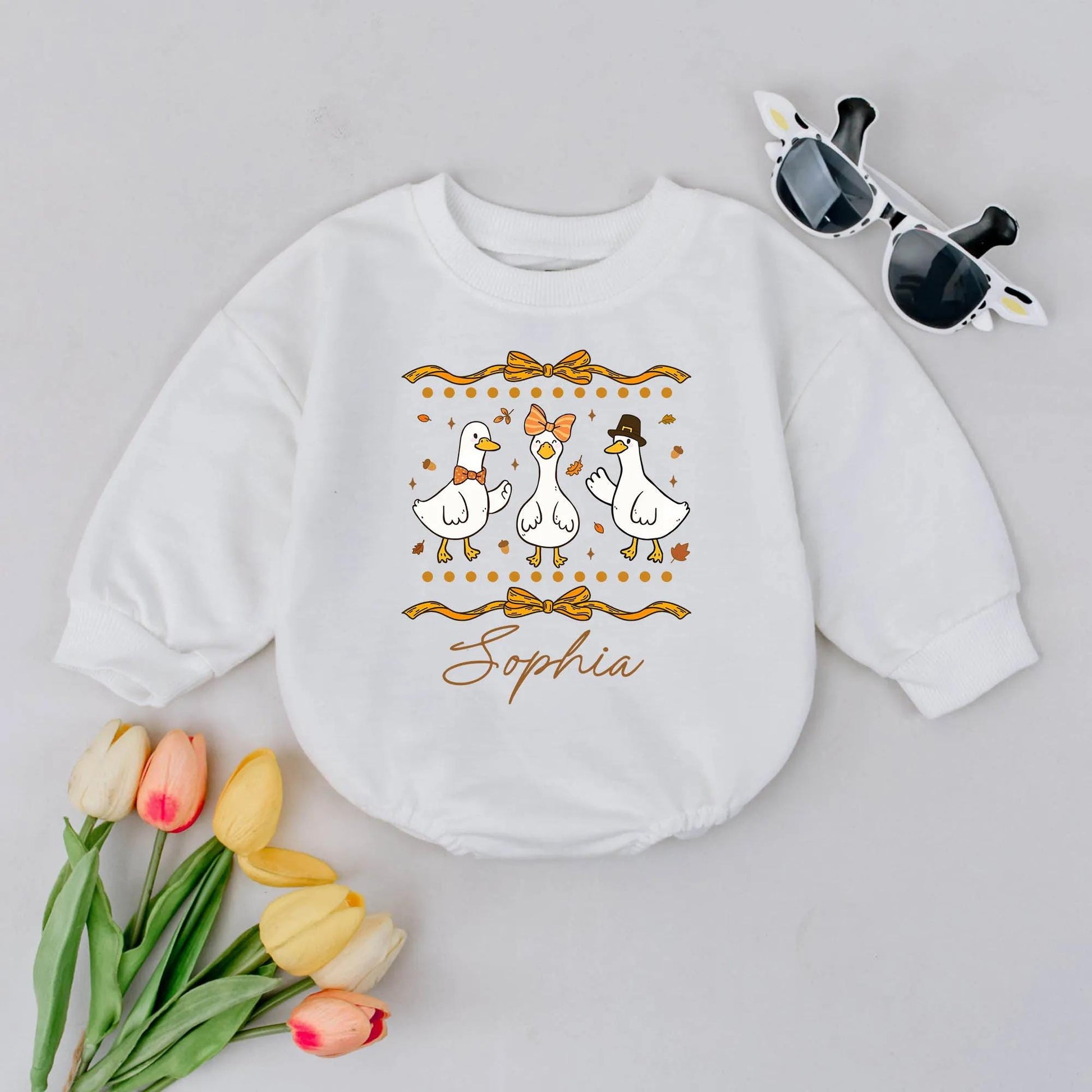 Sophia Goose Baby Romper: Festive Fall Outfit with Bow & Pilgrim Hat Geese. Personalized First Thanksgiving Baby Girl Bodysuit