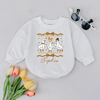 Sophia Goose Baby Romper: Festive Fall Outfit with Bow & Pilgrim Hat Geese. Personalized First Thanksgiving Baby Girl Bodysuit