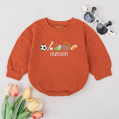 Hudson Sports Boy Bubble Romper Personalized Baby Gift, Game Day Newborn Outfit, Soccer, Baseball, Football, Basketball, Golf Romper