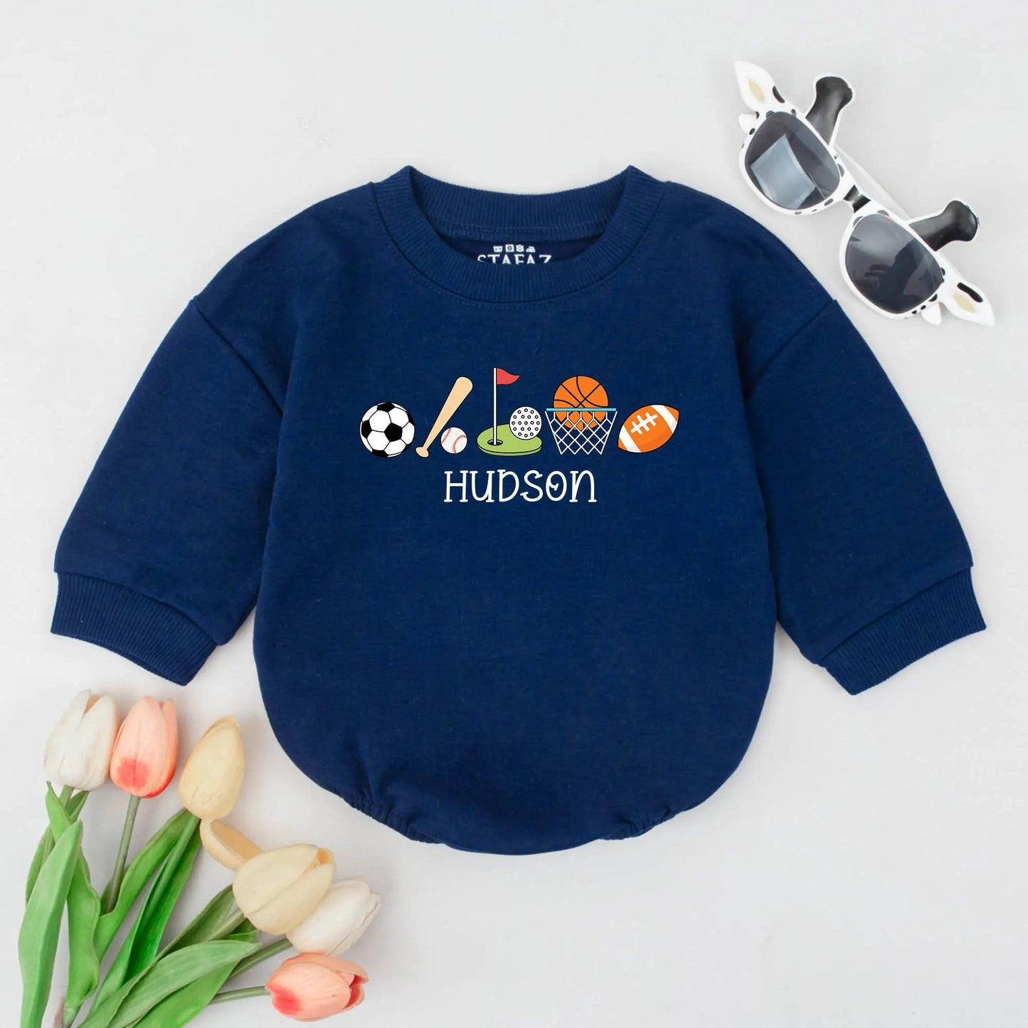 Hudson Sports Boy Bubble Romper Personalized Baby Gift, Game Day Newborn Outfit, Soccer, Baseball, Football, Basketball, Golf Romper